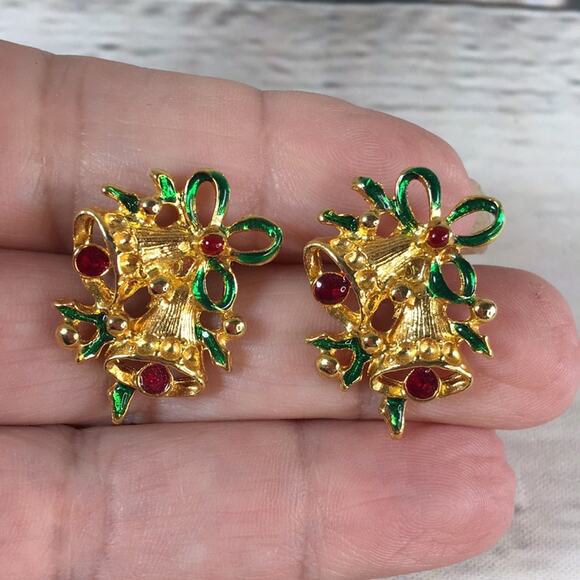 Vintage Christmas Bell Pierced Earrings Gold Tone w/‎ Green & Red - Picture 10 of 13